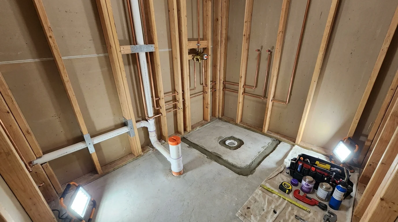 Bathroom rough-in plumbing during remodel by Johns Plumbing LLC in Westbury