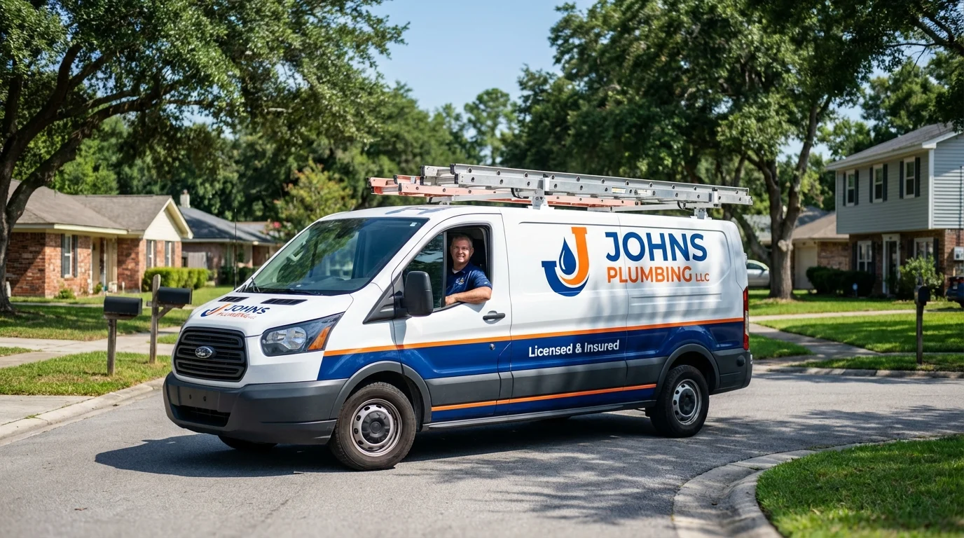 Johns Plumbing LLC service van in Westbury, NY