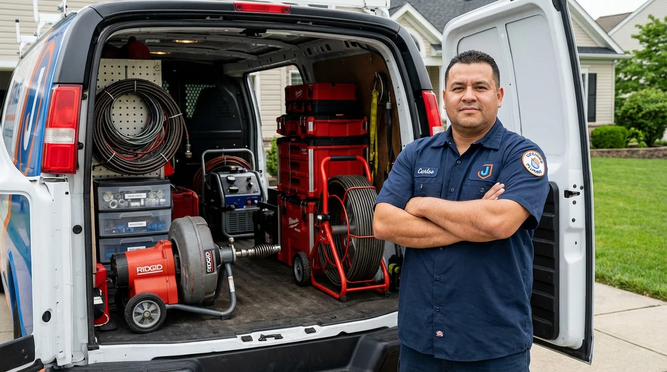 Professional drain cleaning equipment and Johns Plumbing LLC plumber in Westbury