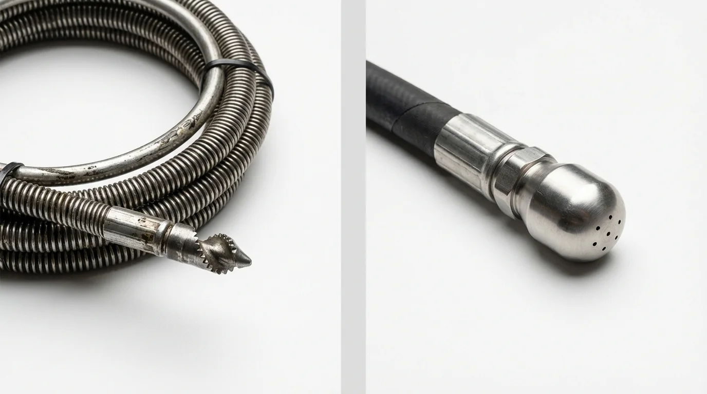 Drain snake cable and hydro jetting nozzle used for drain cleaning in Westbury, NY