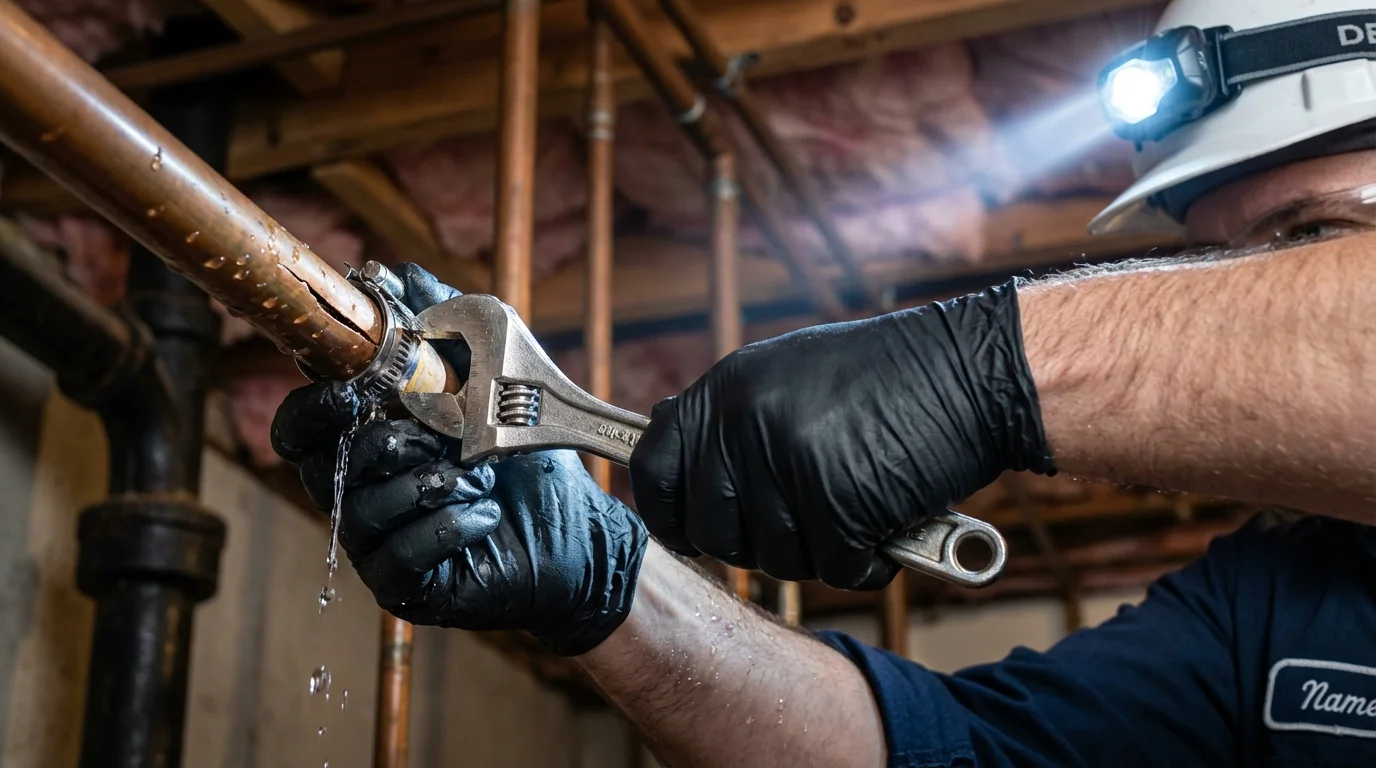 Emergency pipe clamp repair being performed by a Johns Plumbing LLC plumber in Westbury