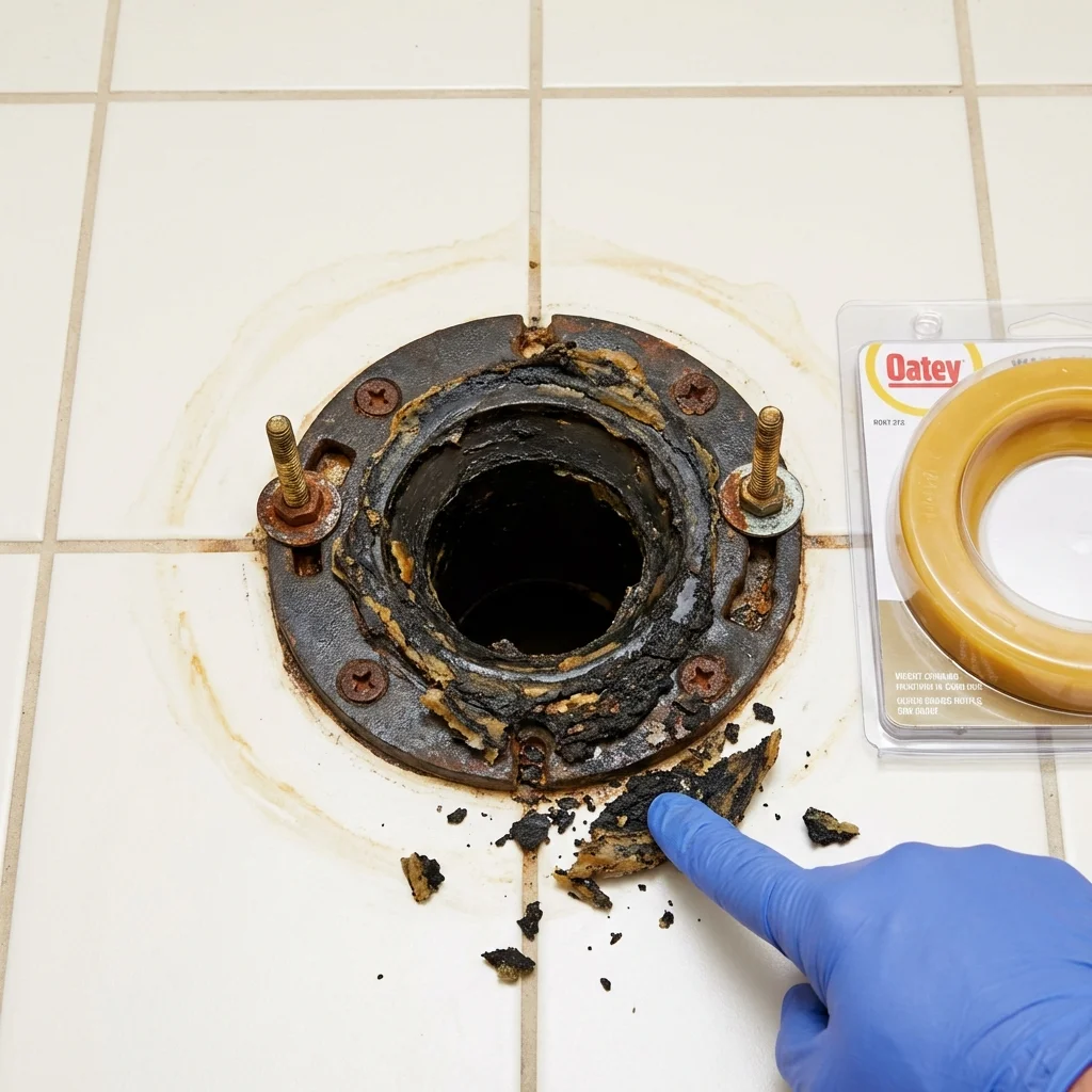 Failed wax ring showing water seepage at the base of a toilet in a Westbury, NY home