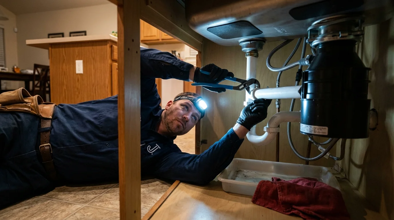 P-trap and supply line connections under a kitchen sink showing a common leak point in Westbury, NY
